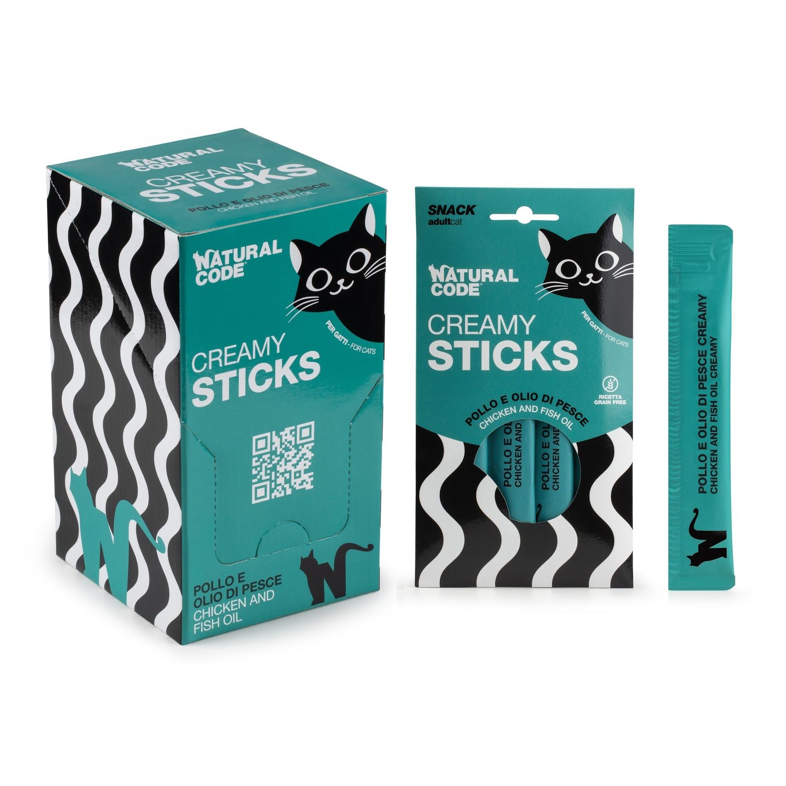 Krabička, balení a jeden stick Natural Code Creamy Chicken & Fish Oil